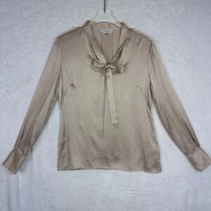 LK Bennett London Silk Bow Neck Blouse‎ Beige Long Sleeve Elegant Top US 4 Small